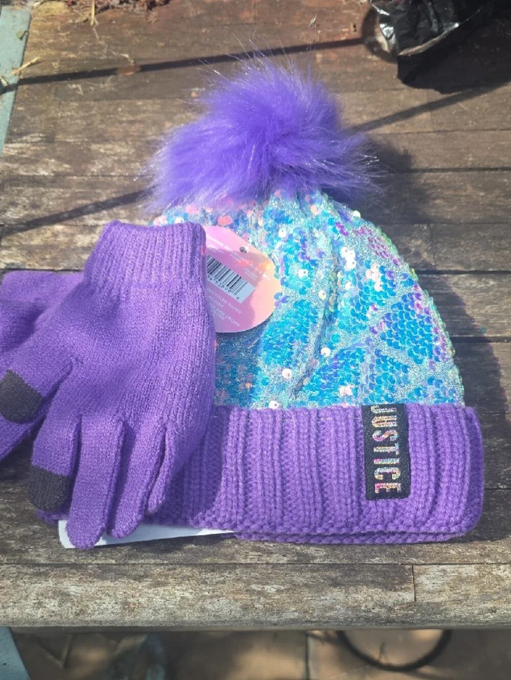 Justice Purple Knit Beanie with Blue Iridescent Sequins and Pom